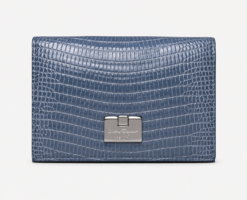 Salvatore Ferragamo Blue Lizard Embossed Leather Bifold Card Case Wallet