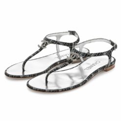 CHANEL Black Metallic Tweed Crystal CC Ankle T Strap Thong Flat Sandals 37.5
