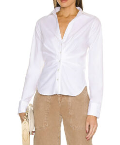 Veronica Beard Unity White Stretch Cotton Long Sleeve Ruched Top Blouse Size 0