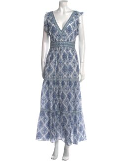 Intermix Blue Printed Chiffon V-Neck Long Maxi Dress Size 4