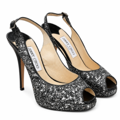 Jimmy Choo Clue Glitter Slingback Pumps Peep Toe Black Silver EU 37