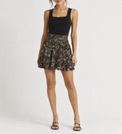 A.L.C. Luna Floral Metallic Silk Smocked Tiered Ruffle Mini Skirt Women's 2