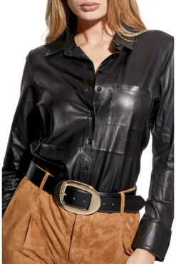 AS by DF La Nuit Black 100% Leather Button Up Blouse Shirt Jacket NWT XS