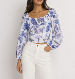Banjanan Vivian Jubilee Butterfly Floral Cotton Voile Puff Sleeve Blouse Women's XS NWT