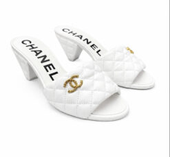 Chanel REV White Lambskin Quilted CC Cone Heel Mule Slide Sandals EU 37.5