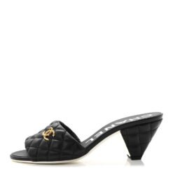 Alternative view of Chanel Lambskin Quilted Textured CC Cone Heel Mule Sandals Black EU 37.5