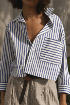 WEAR CISSA NWT Blue Striped Cotton The Shorty Button Shirt Top Blouse XS/S