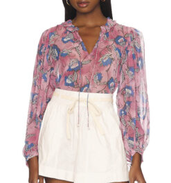 Cleobella Emily Peasant Boho Blouse in Lotus Print Women’s XS Pink Floral Sheer