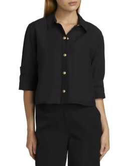 L'AGENCE Cosette Black Gold Crop High Low Button Front Shirt Blouse XXS NWT