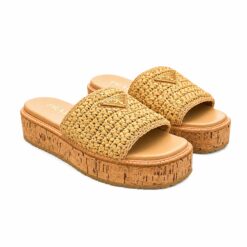 PRADA Raffia Cork Platform Slide Sandals Beige Triangle Logo EU 38 US 8