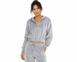 ALO Yoga Velour Glimmer Full Zip Hoodie Blue Steel Cropped Jacket Small