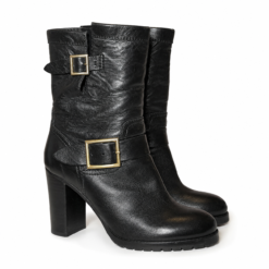 Jimmy Choo Dart Moto Biker Mid Calf Leather Buckle Heel Boots Black EU 37.5