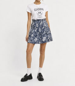 GANNI Elm Shirred Floral Georgette Mini Skirt Blue Smocked EU 34 US 2