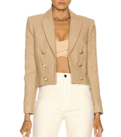 L'AGENCE Inez Cropped Tweed Blazer Almond Gold Button Jacket Size 0 NWT