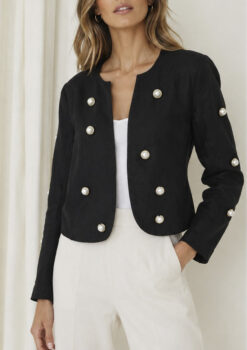 Karina Grimaldi Black Linen Pearl Embellished Cropped Jacket Blazer XS NWT