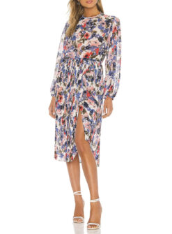 MISA Los Angeles Juliana Pleated Midi Dress Floral Long Sleeve Slit XS