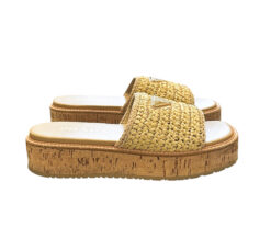 Alternative view of PRADA Raffia Cork Platform Slide Sandals Beige Triangle Logo EU 38 US 8