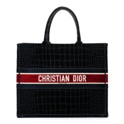 Christian Dior Large Book Tote Blue Croc Embossed Velvet Logo Tote Bag Authentic