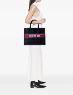 Alternative view of Christian Dior Large Book Tote Blue Croc Embossed Velvet Logo Tote Bag Authentic