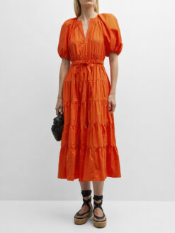 ULLA JOHNSON Olina Orange Cotton Poplin V-Neck Short Sleeve Midi Dress 4 $450