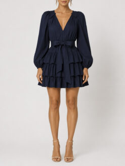 Ulla Johnson Miranda Puff Sleeve Tiered Ruffle Mini Dress Midnight Blue Sz 0