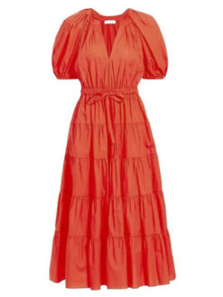 Alternative view of ULLA JOHNSON Olina Orange Cotton Poplin V-Neck Short Sleeve Midi Dress 4 $450