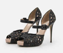 Valentino Garavani Black Leather Lasercut Peep Toe Platform Pumps Heels 39