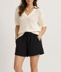 Varley Monte V Neck Polo Sweater Ivory Open Knit Short Sleeve NWT XS