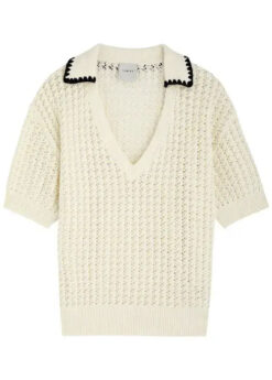 Alternative view of Varley Monte V Neck Polo Sweater Ivory Open Knit Short Sleeve NWT XS