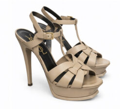 SAINT LAURENT Tribute 105 Nude Poudre Leather Platform T-Strap Sandals Heels 37.5