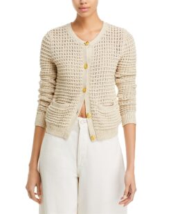 Rag & Bone Marlee Beige Open Knit Cotton Blend Cardigan Sweater Gold Button XS
