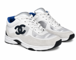 CHANEL White Silver Suede Calfskin CC Logo Low Top Sneakers Shoes EU 37