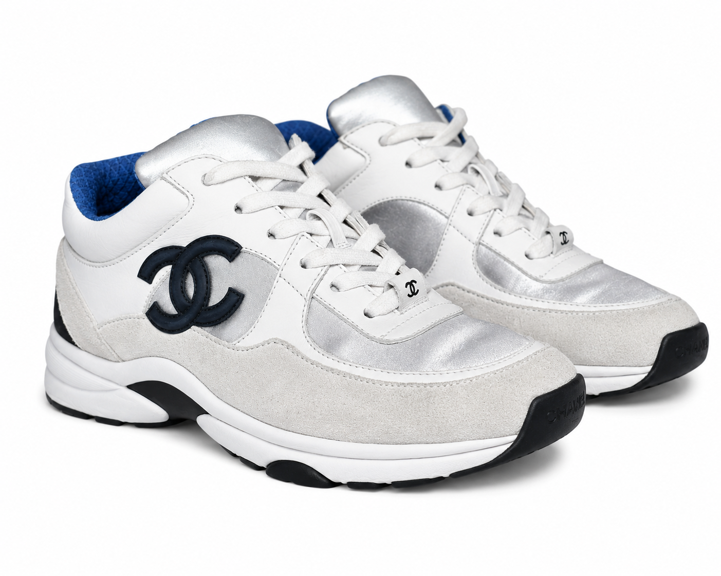 CHANEL White Silver Suede Calfskin CC Logo Low Top Sneakers Shoes EU 37