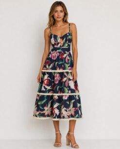 PatBO Laelia Floral Fringe Trim Midi Dress Blue Print NWT Size 2 $695 MSRP
