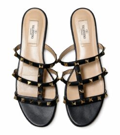 Valentino Garavani Rockstud Black Leather Caged Flat Slide Sandals Size 37