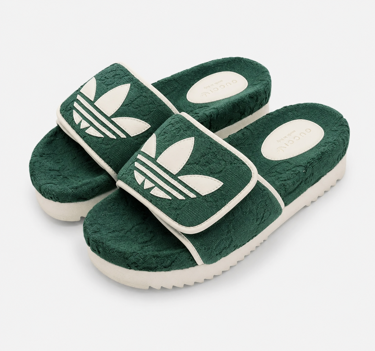 Gucci x Adidas GG Supreme Green Terry Platform Slide Sandals Size 38 NEW