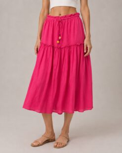 Kerri Rosenthal Electric Pink Tiered Midi Skirt XS Drawstring Cotton Gauze