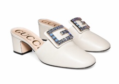 Gucci Madelyn 60 Crystal Square G Ivory Leather Mule Heels Shoes 37.5