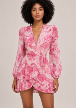 Rococo Sand Cerise Pink Floral V Neck Long Sleeve Mini Dress Size Small