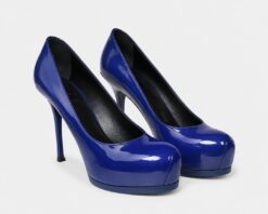 YSL Saint Laurent Tribtoo Patent Leather Blue Platform Pumps Shoes 39 New