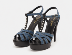 Saint Laurent YSL Tribute Jodie 105 Denim Platform T-Strap Sandals Heels EU 40