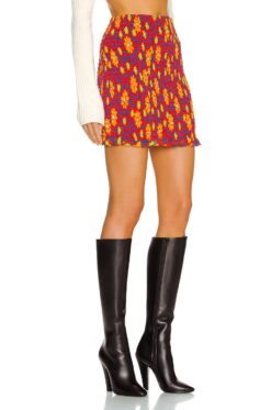 Alternative view of Saint Laurent Floral Silk Smocked Mini Skirt Orange Multicolor EU 36 US 4