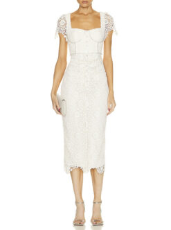 Self-Portrait Cream Rose Guipure Lace Midi Dress Crystal Trim US 2