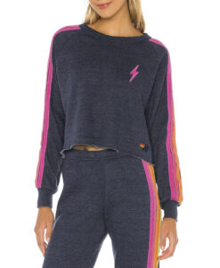 Aviator Nation Bolt Heather Navy Neon Rainbow Stripe Sweatshirt Pullover Large