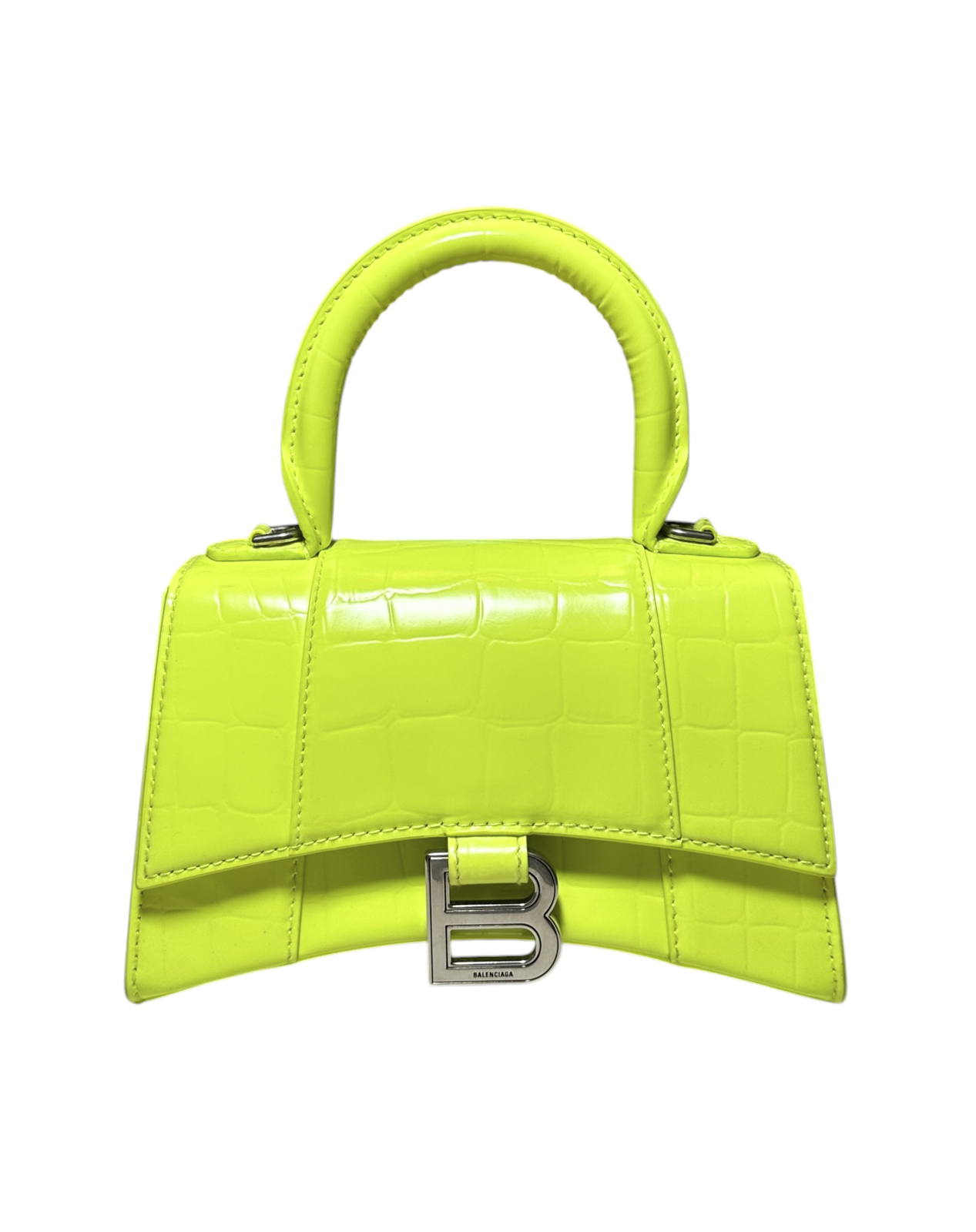 Balenciaga Hourglass XS Fluo Yellow Croc Embossed Leather Top Handle Bag Italy