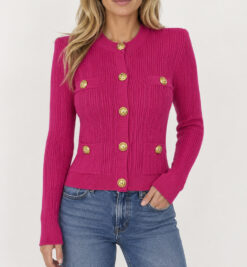 Balmain Rose Fuchsia Pointelle Knit Cardigan Gold Buttons NWT FR36 US4