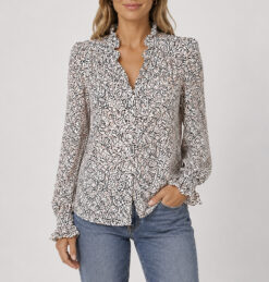 ba&sh Inti Shirt Blouse Womens 0 US 2 Animal Print Ruffle Long Sleeve Button Up