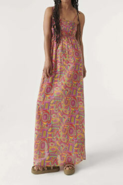 ba&sh Dalia Graphic Print Maxi Dress Shirred Side Slit Pink Size 0 NWT