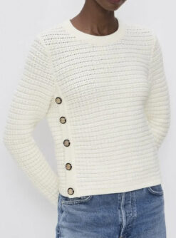 ba&sh Gael Sweater Off White Textured Knit Side Button Cotton XS