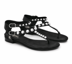 Chanel Black Lambskin Leather Pearl CC T-Strap Thong Sandals Size 38